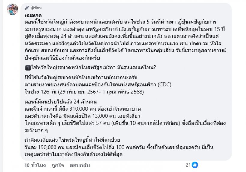 เตือน!ไข้หวัดใหญ่ปีนี้อันตราย สหรัฐฯเผชิญวิกฤติหนักสุดในรอบ 15 ปี